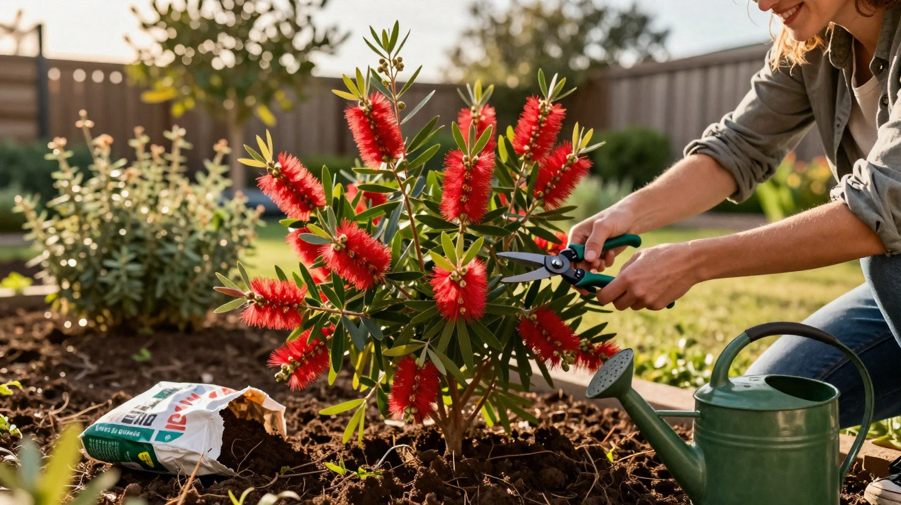 Frau schneidet rote Blüten am Gartenstrauch, umgeben von Gießkanne und Blumenerde.
