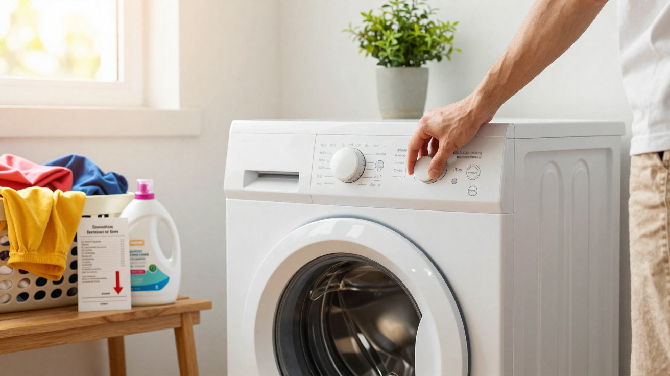 Person stellt Waschmaschine ein, Wäschekorb mit bunter Kleidung und Waschmittel auf Tisch neben der Maschine.