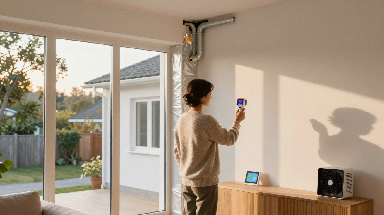 Frau steuert Heizungsthermostat an der Wand in modernem Wohnzimmer mit großem Fenster und Gartenblick.