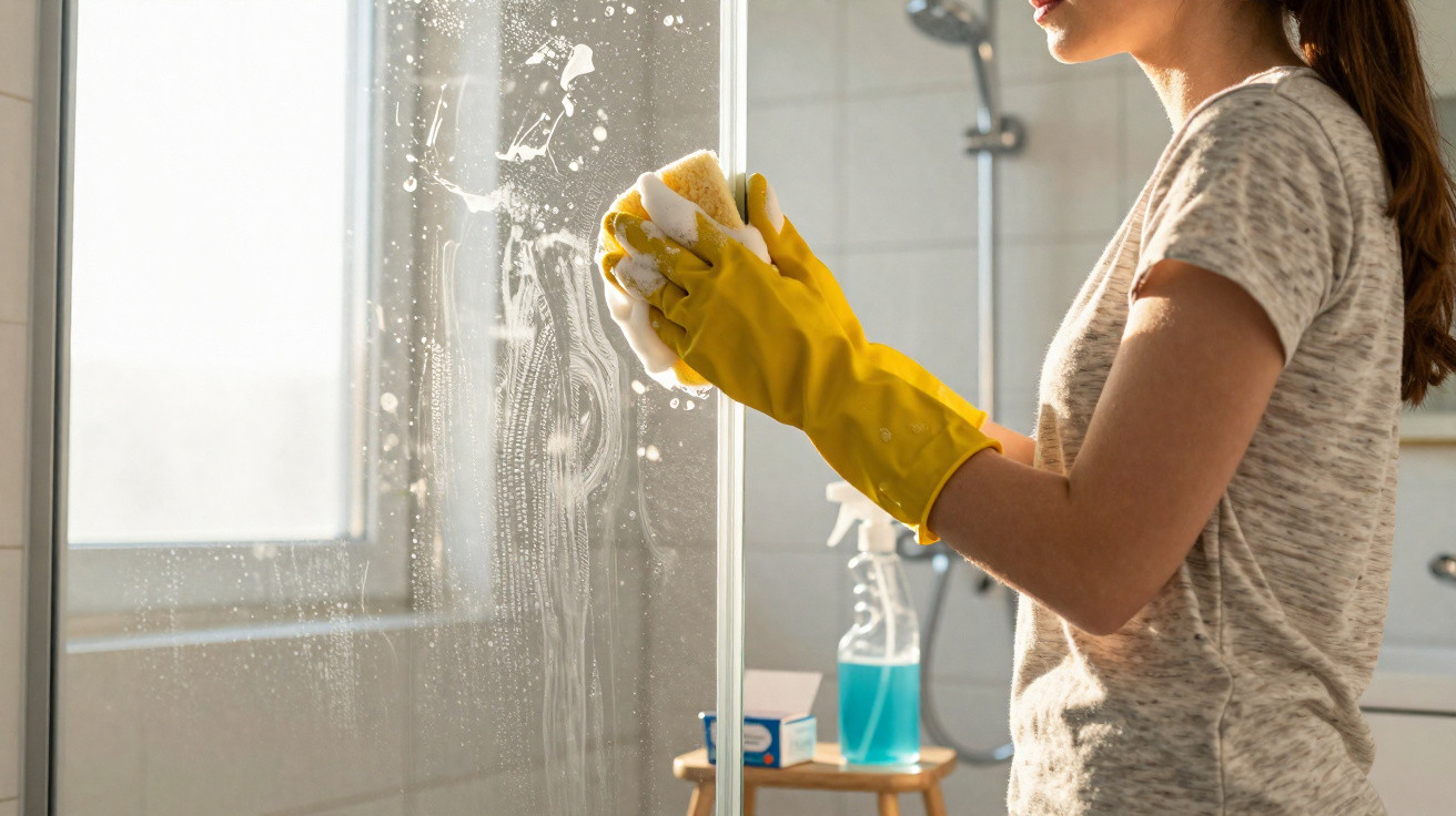 Frau mit gelben Handschuhen reinigt Duschglas in hellem Badezimmer mit Schwamm und Reinigungsmittel.