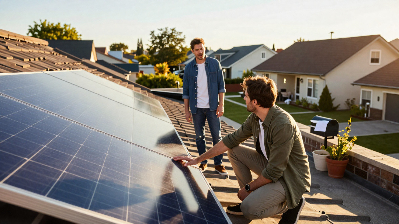 Zwei Männer prüfen Solarpaneele auf einem Hausdach in einem Wohnviertel bei Sonnenschein.