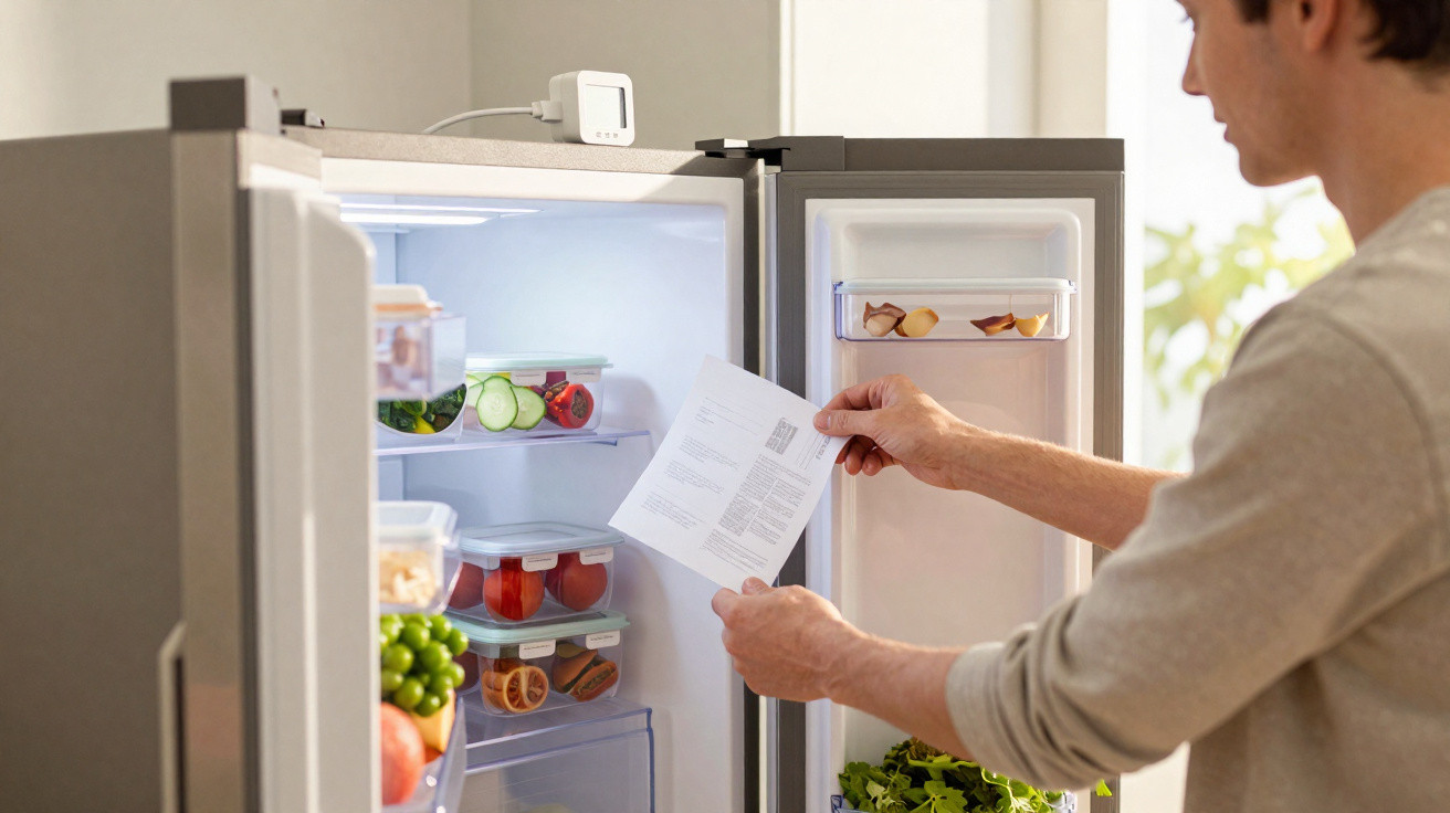 Mann hält Anleitung vor offenen Kühlschrank mit frischem Obst, Gemüse und Lebensmittelbehältern in moderner Küche.
