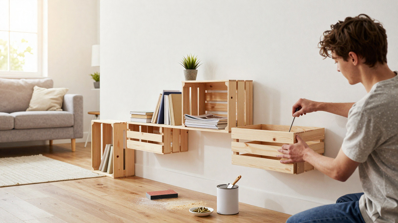 Junger Mann montiert hölzerne Wandregale aus Kisten im Wohnzimmer neben Sofa und Teppich.
