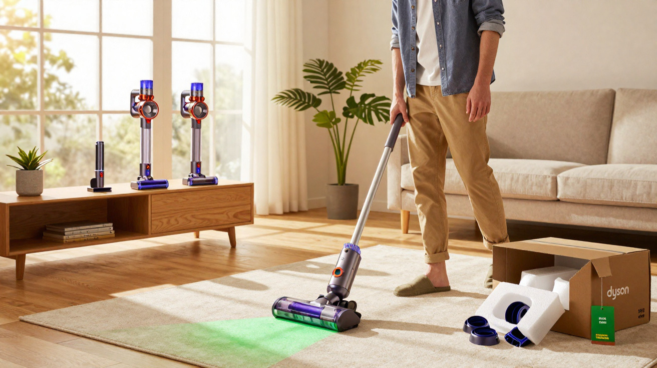 Person saugt mit kabellosem Dyson Staubsauger in hellem Wohnzimmer auf hellem Teppichboden.