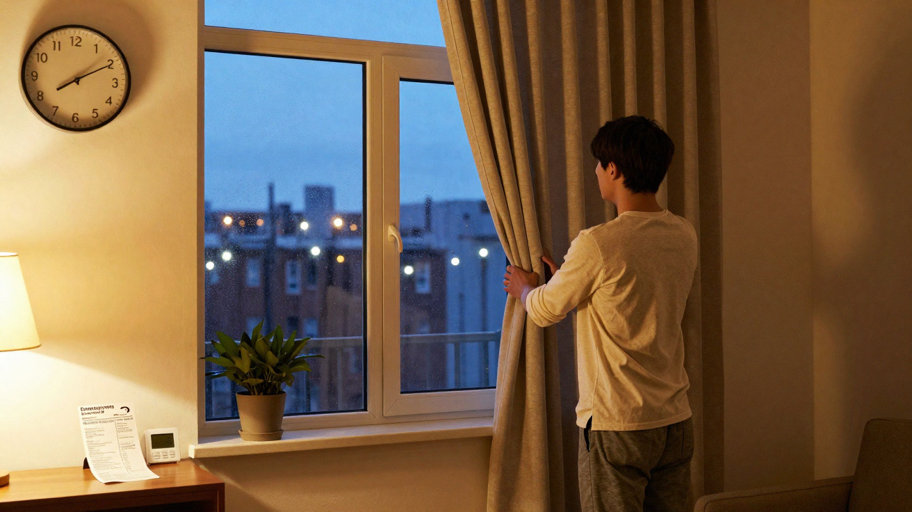 Mann zieht Vorhänge auf, Blick aus Fenster in Abenddämmerung, Uhr zeigt 20:10 Uhr.