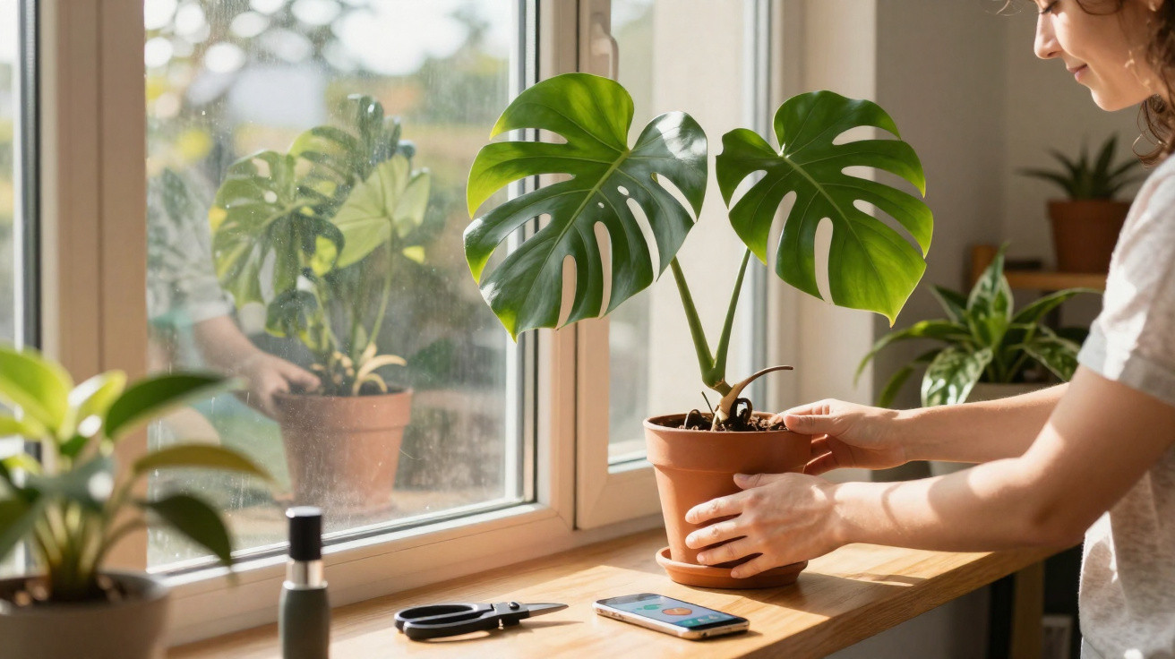 Frau stellt eine Topfpflanze mit großen grünen Blättern auf eine Fensterbank im Sonnenlicht.