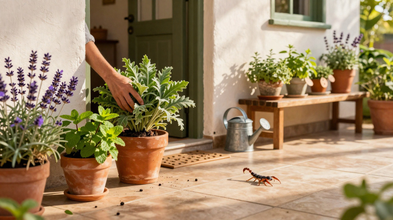 Hand greift topfpflanze auf sonniger terrasse mit gießkanne und skorpion auf fliesenboden.