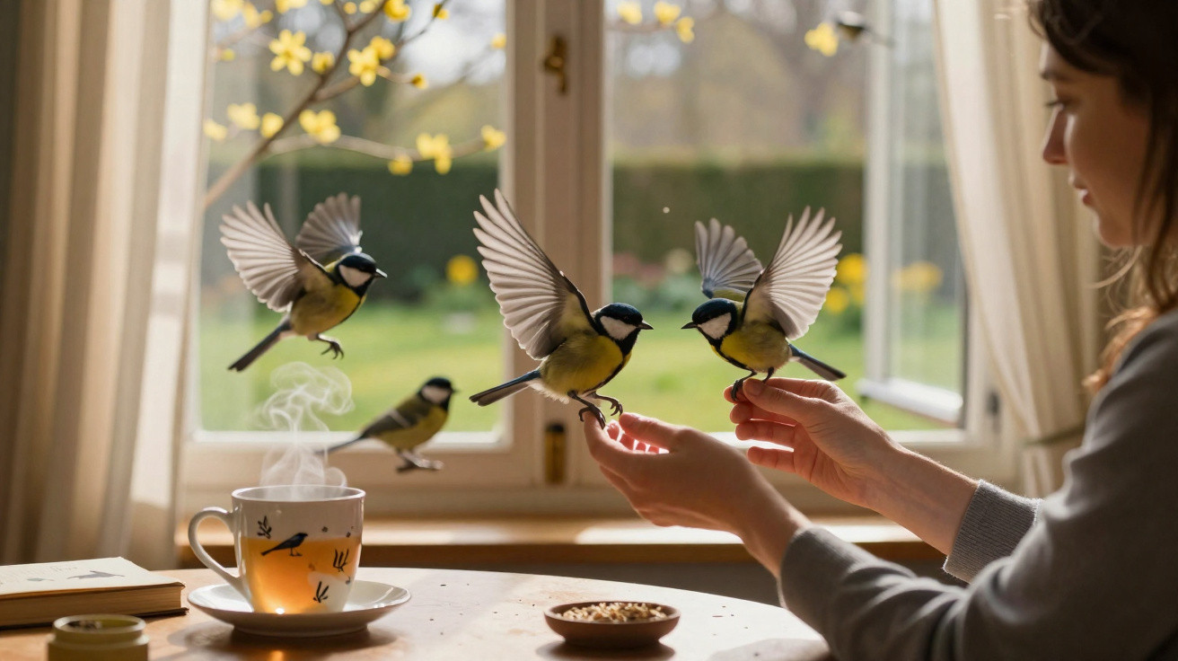 Frau füttert zwei fliegende Meisen an den Händen vor Fenster mit frühlingshafter Aussicht.