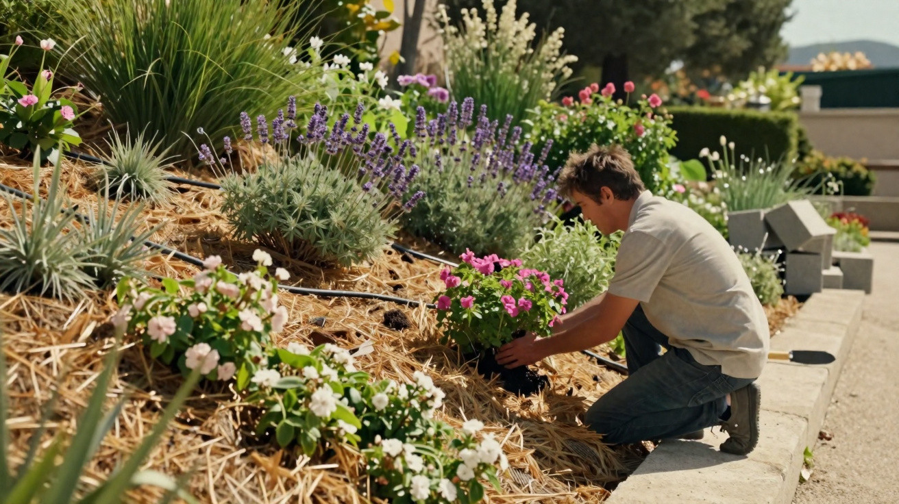 Mann pflanzt bunte Blumen in einem sonnigen Garten mit verschiedenen Pflanzen und Mulchboden.