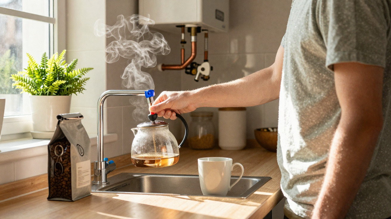 Mann füllt dampfende Teekanne am Küchenhahn neben Kaffeetüte und Tasse auf einem Holzarbeitsplatte.