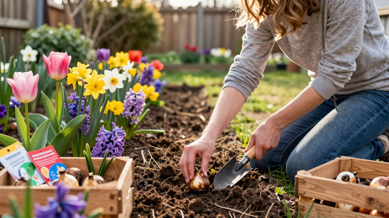 Frau pflanzt Blumenzwiebeln in Gartenbeet, umgeben von bunten Tulpen, Narzissen und Hyazinthen.