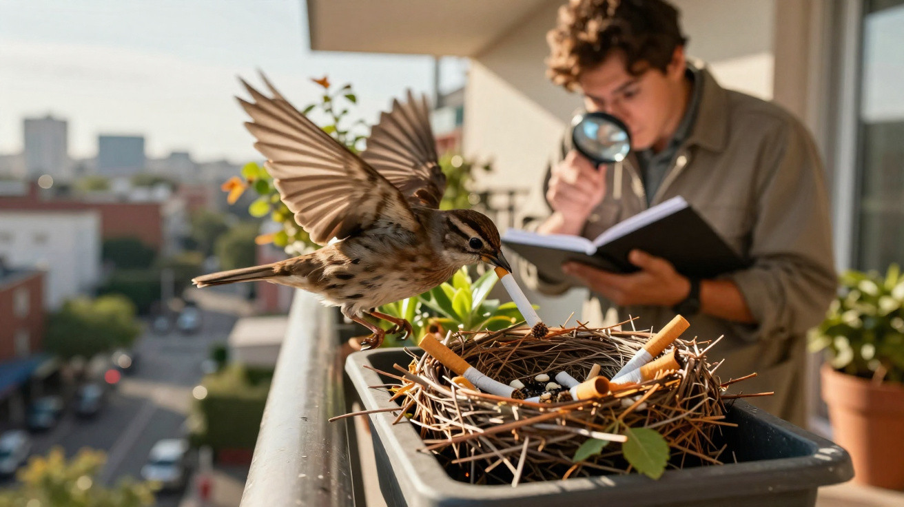 Vogel baut Nest aus Zigarettenstummeln, Mann untersucht es mit Lupe auf Balkon an sonnigem Tag.