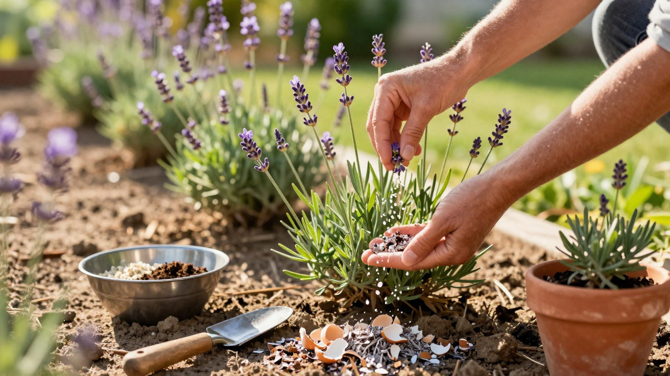 Person gibt zerstoßene Eierschalen als Dünger auf Lavendelpflanze im Garten, Werkzeuge liegen daneben.