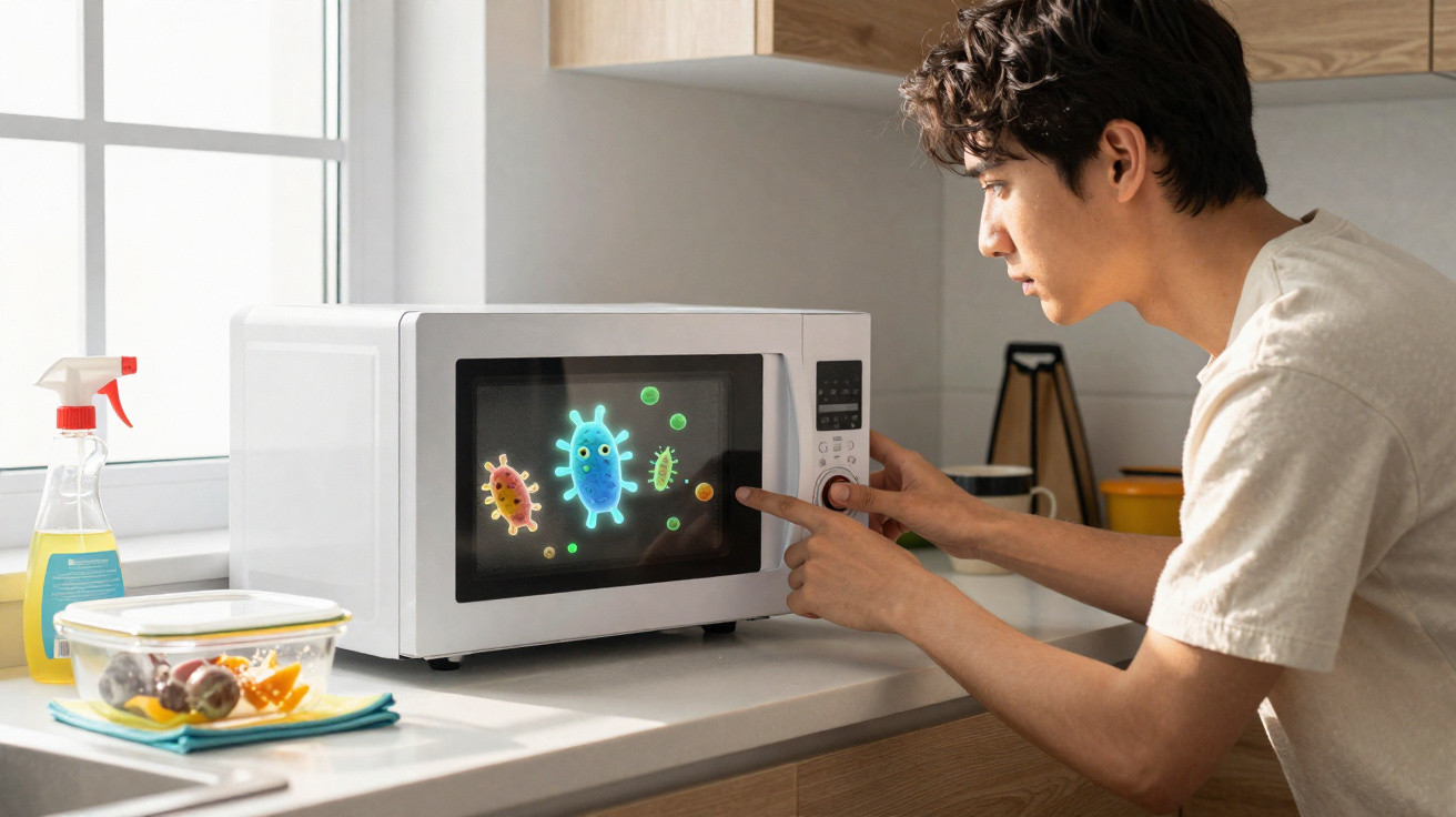 Junger Mann bedient Mikrowelle in Küche, virtuelle Grafik von Bakterien und Viren auf dem Display sichtbar.