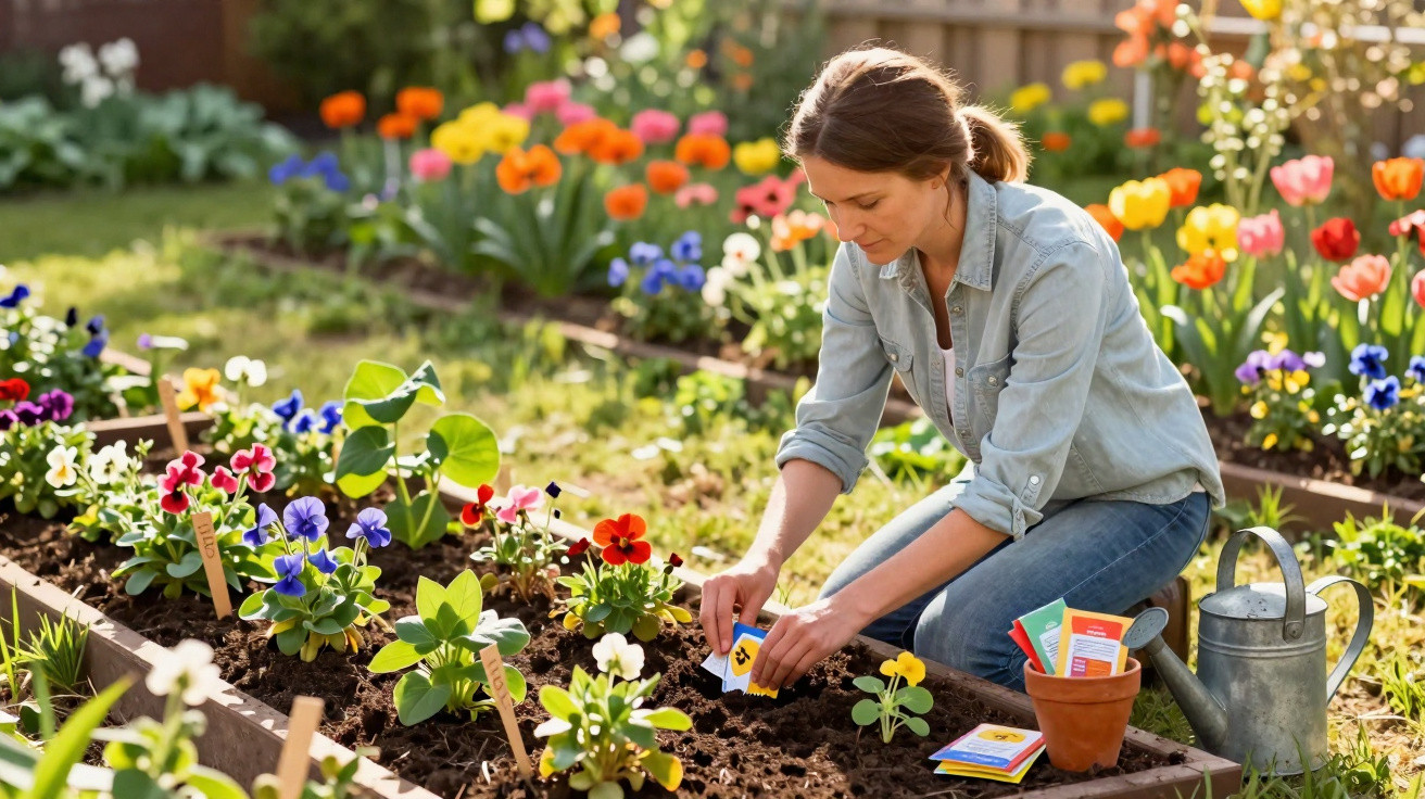 Frau pflanzt Blumen in einem Hochbeet im Garten, umgeben von bunten Blüten und Gartengeräten.