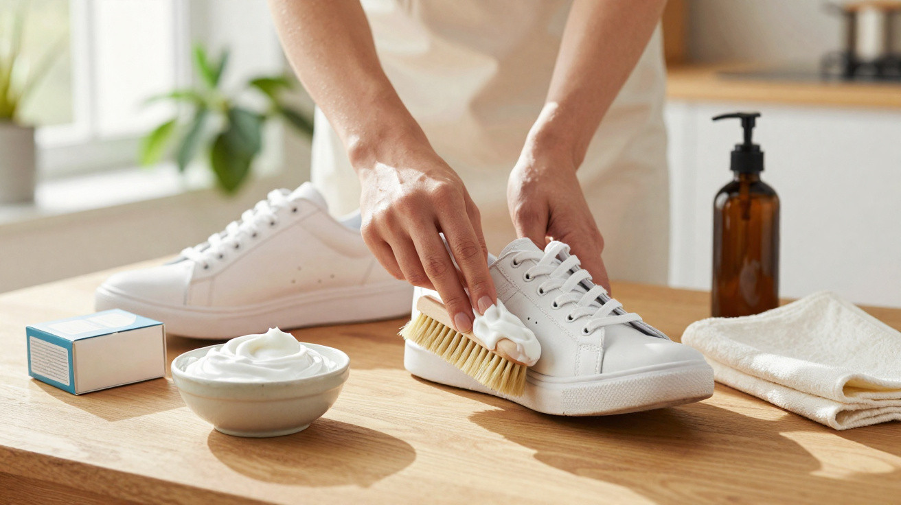 Person reinigt weiße Sneakers mit Bürste und Reinigungsmittel auf Holztisch neben Tuch und Seifenspender.