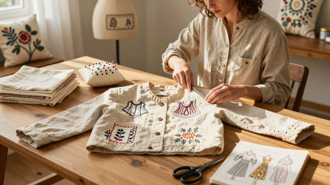Frau bestickt eine beige Jacke mit bunten Motiven an einem Holztisch, daneben Skizzen und Schere.