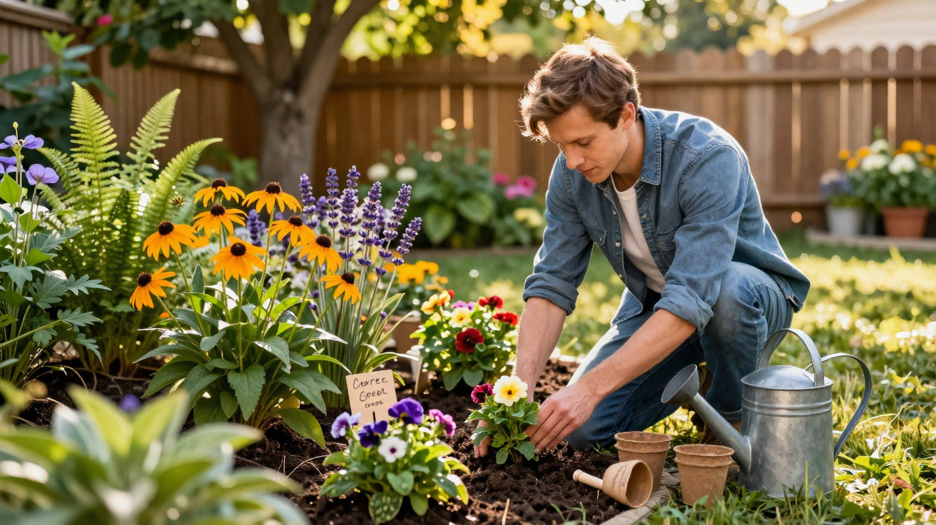 Junger Mann pflanzt Blumen im Garten, umgeben von bunten Pflanzen und Gartengeräten.