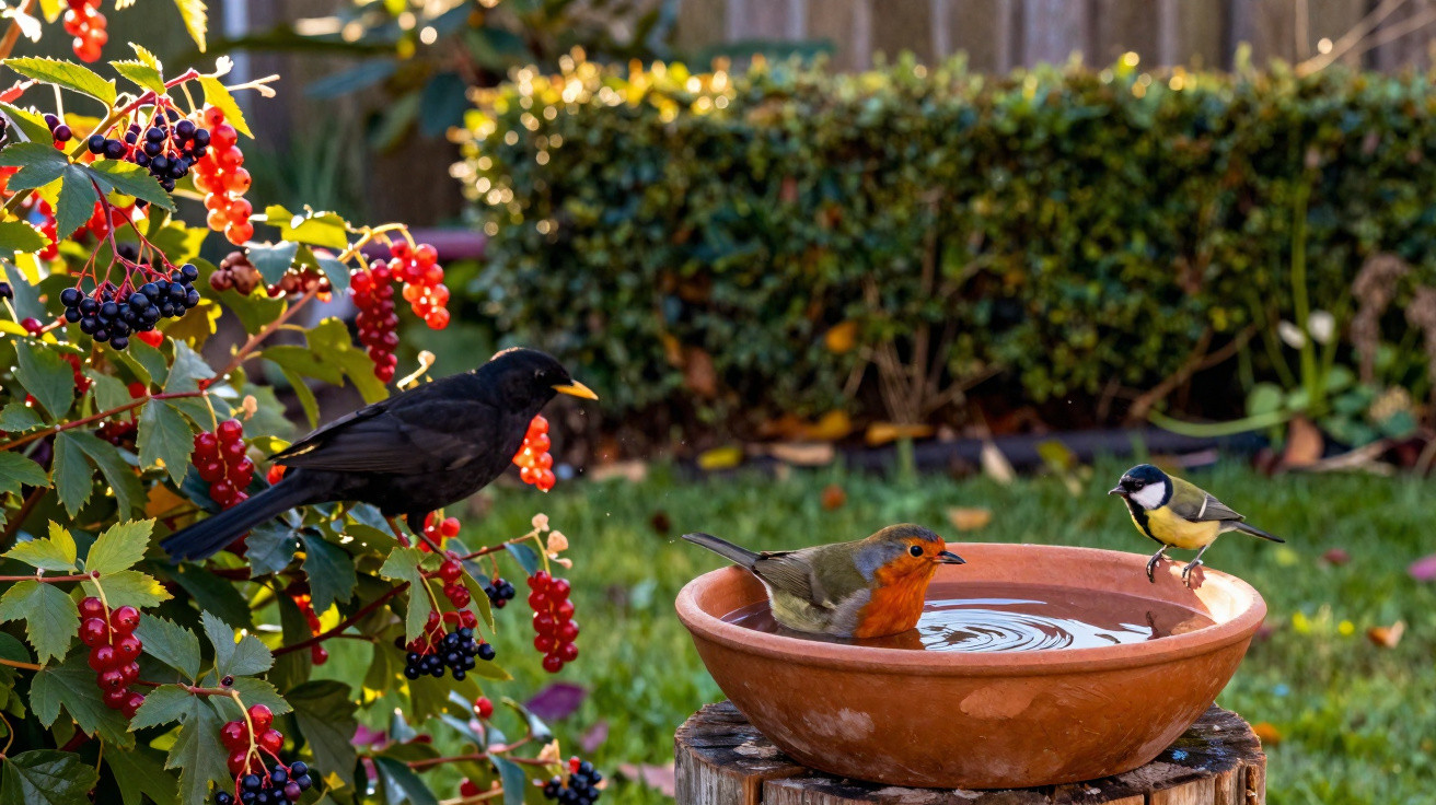 Drei verschiedene Vögel, darunter ein Rotkehlchen, trinken aus einer Tonschale im Garten.