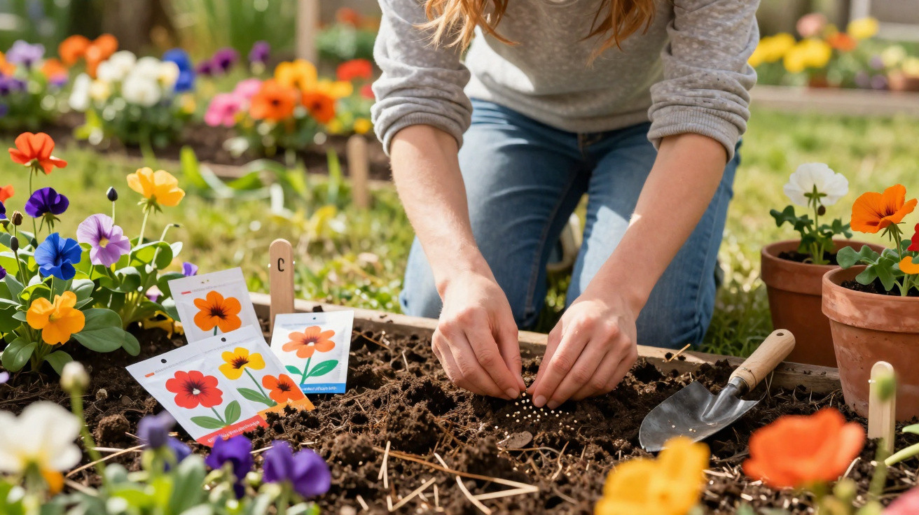 Person pflanzt Samen in Blumenbeet, umgeben von Blumentöpfen, Blumensamenpäckchen und Gartenwerkzeugen.