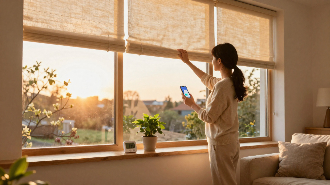 Frau öffnet Jalousie im Wohnzimmer bei Sonnenuntergang, hält Smartphone in der Hand.