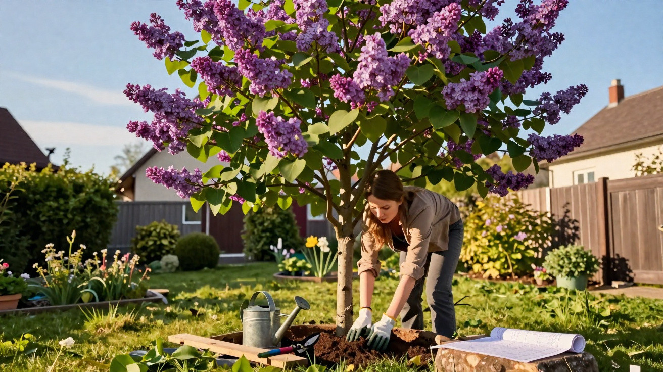 Frau pflanzt Baum unter blühendem Flieder im sonnigen Garten mit Gartengeräten und Pflanzplänen.