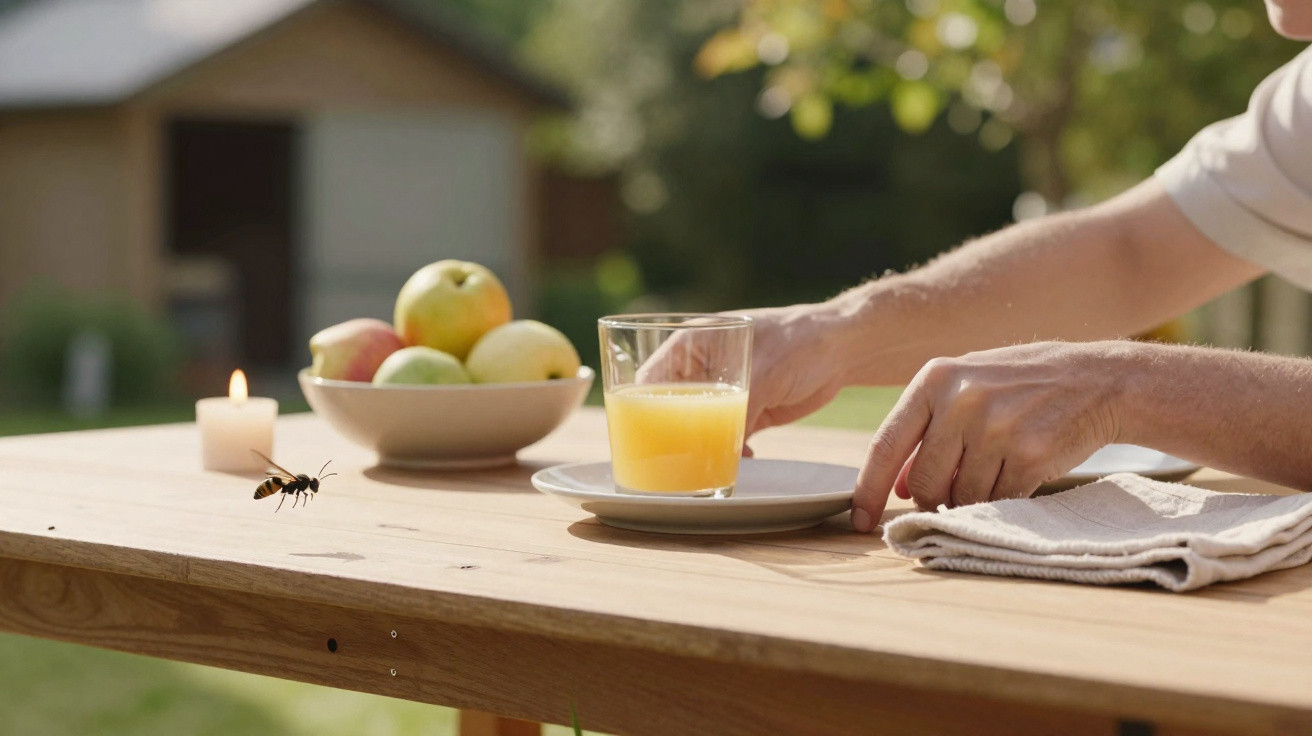 Hand holt Glas mit Orangensaft auf Holztisch, Wespe fliegt, Obstschale und Kerze im Hintergrund.