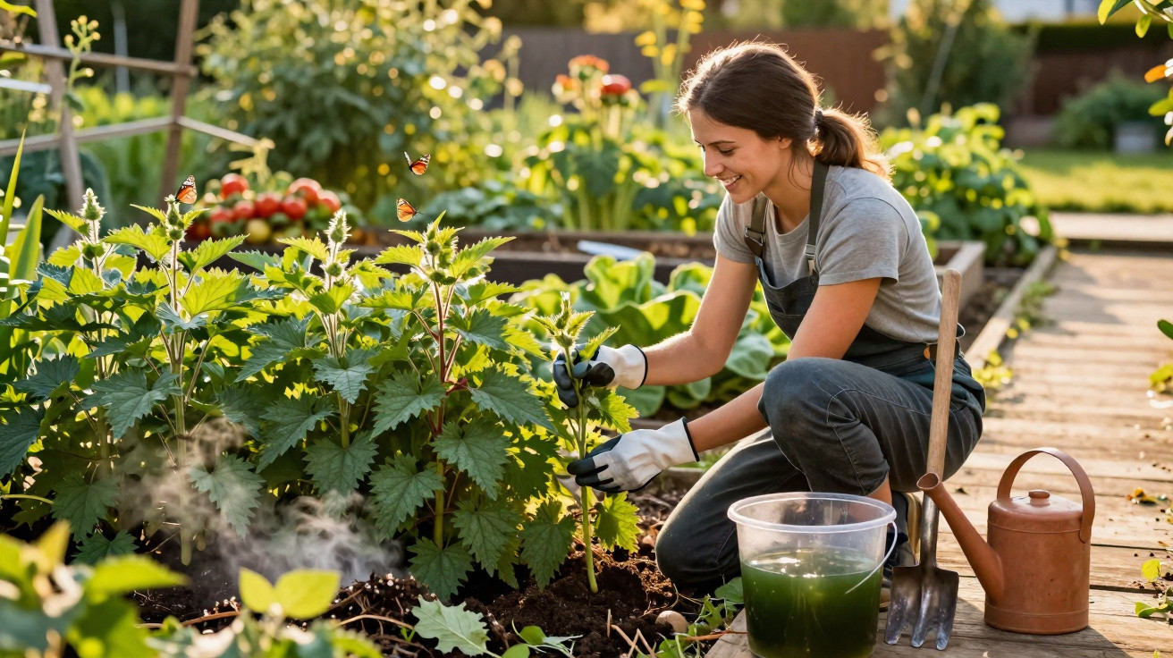 Frau gärtnern im Beet, umgeben von Schmetterlingen, mit Gießkanne, Schaufel und grünem Pflanzenbehälter.