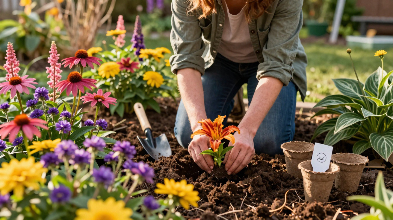 Person pflanzt orange Blume in bunten Garten mit Gartengerät und Anzuchttöpfchen im Sonnenlicht.