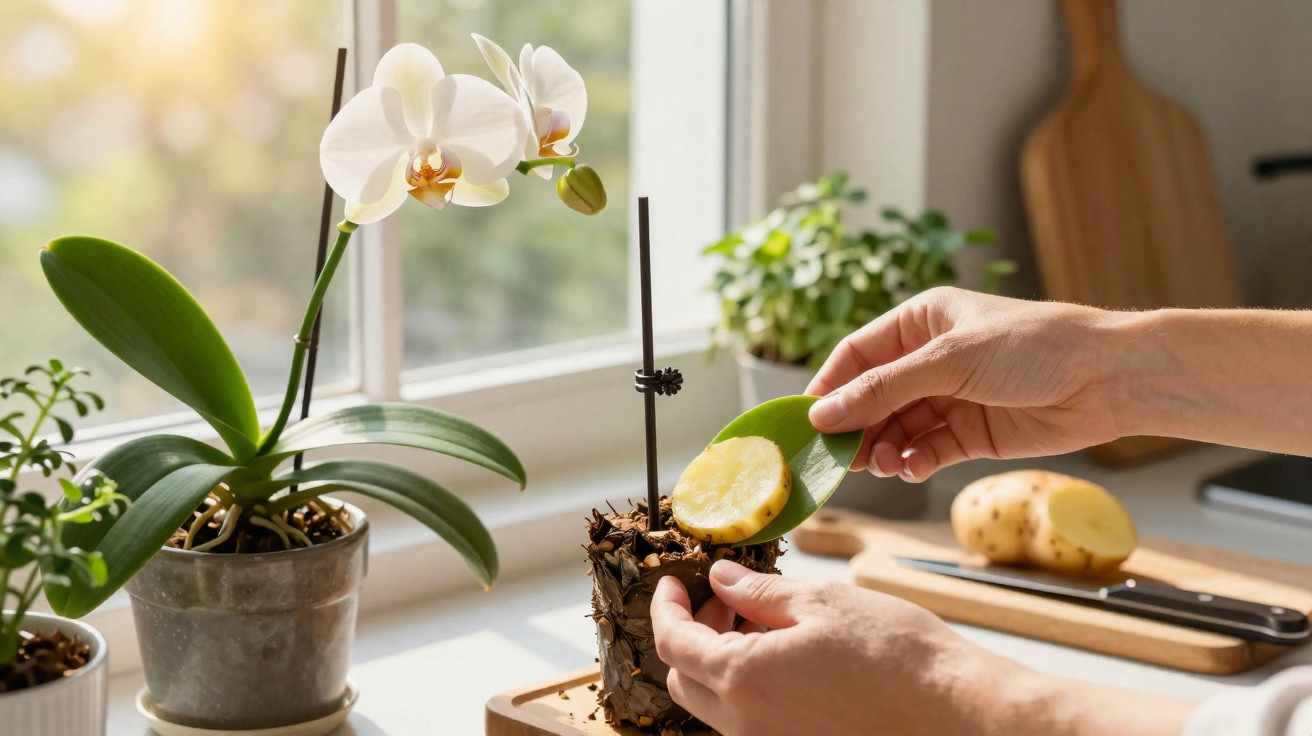 Person versorgt Orchidee mit einer Scheibe Kartoffel in einem hellen Küchenfenster mit weiteren Pflanzen.