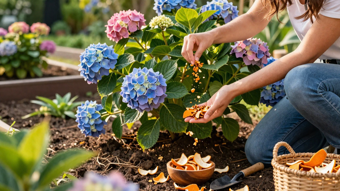 Frau düngt blühende blaue und rosa Hortensien im Garten mit getrockneten Orangenschalen.