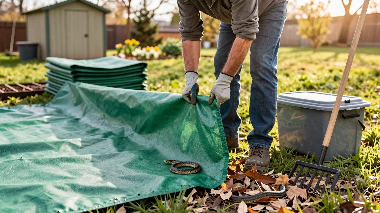 Person mit Handschuhen klappt eine grüne Plane über eine sich windende Schlange im Garten zusammen.