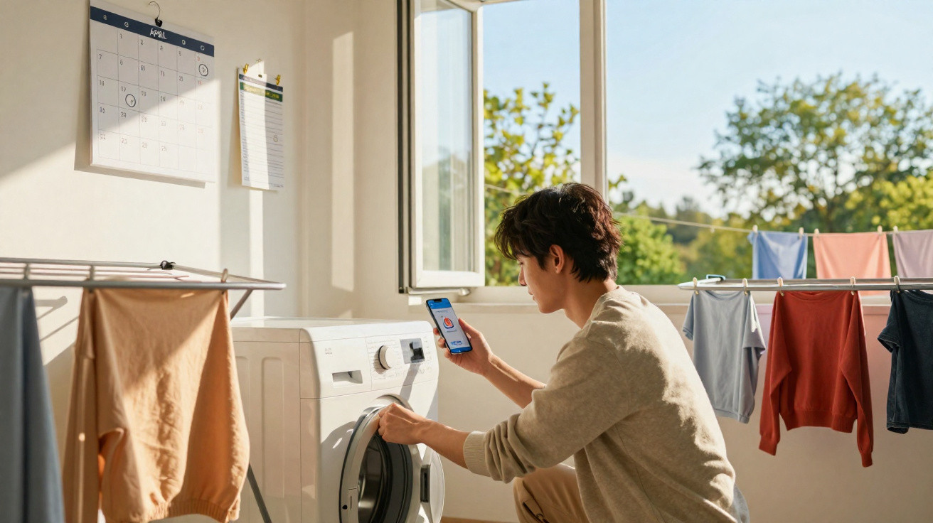 Junger Mann bedient Waschmaschine mit Smartphone in heller Waschküche mit Wäscheleinen und offenem Fenster.