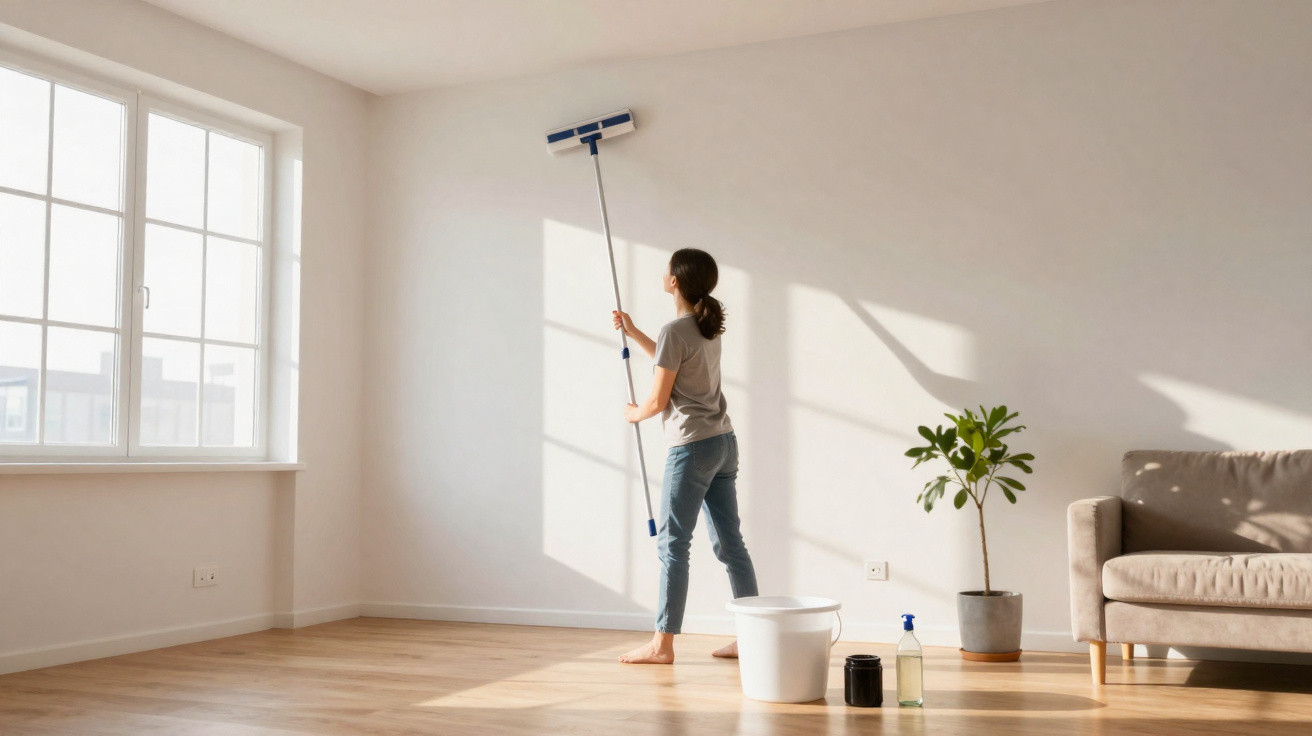 Frau reinigt mit Wischmopp helle Wand in einem sonnendurchfluteten, minimalistisch eingerichteten Wohnzimmer.
