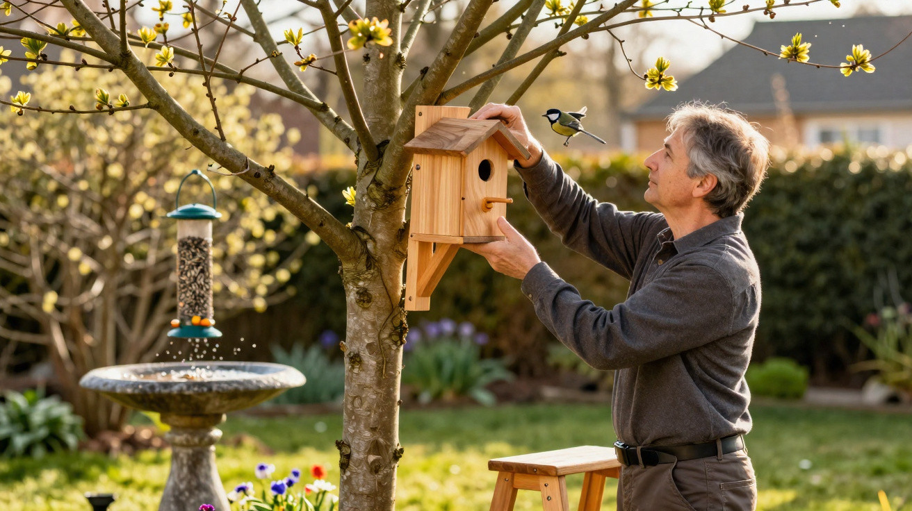 Ein Mann befestigt ein Vogelhaus an einem Baum, während eine Kohlmeise darauf sitzt, im sonnigen Garten.