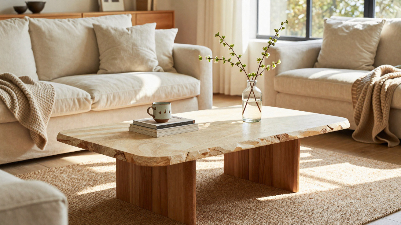 Heller Wohnbereich mit zwei Sofas, einem rustikalen Holztisch, Vase mit Zweigen und sonnigem Ambiente.