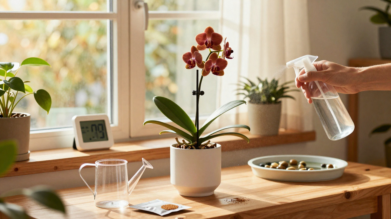 Hand sprüht Wasser auf dunkelrote Orchidee auf Holztisch vor Fenster mit weiteren Pflanzen.