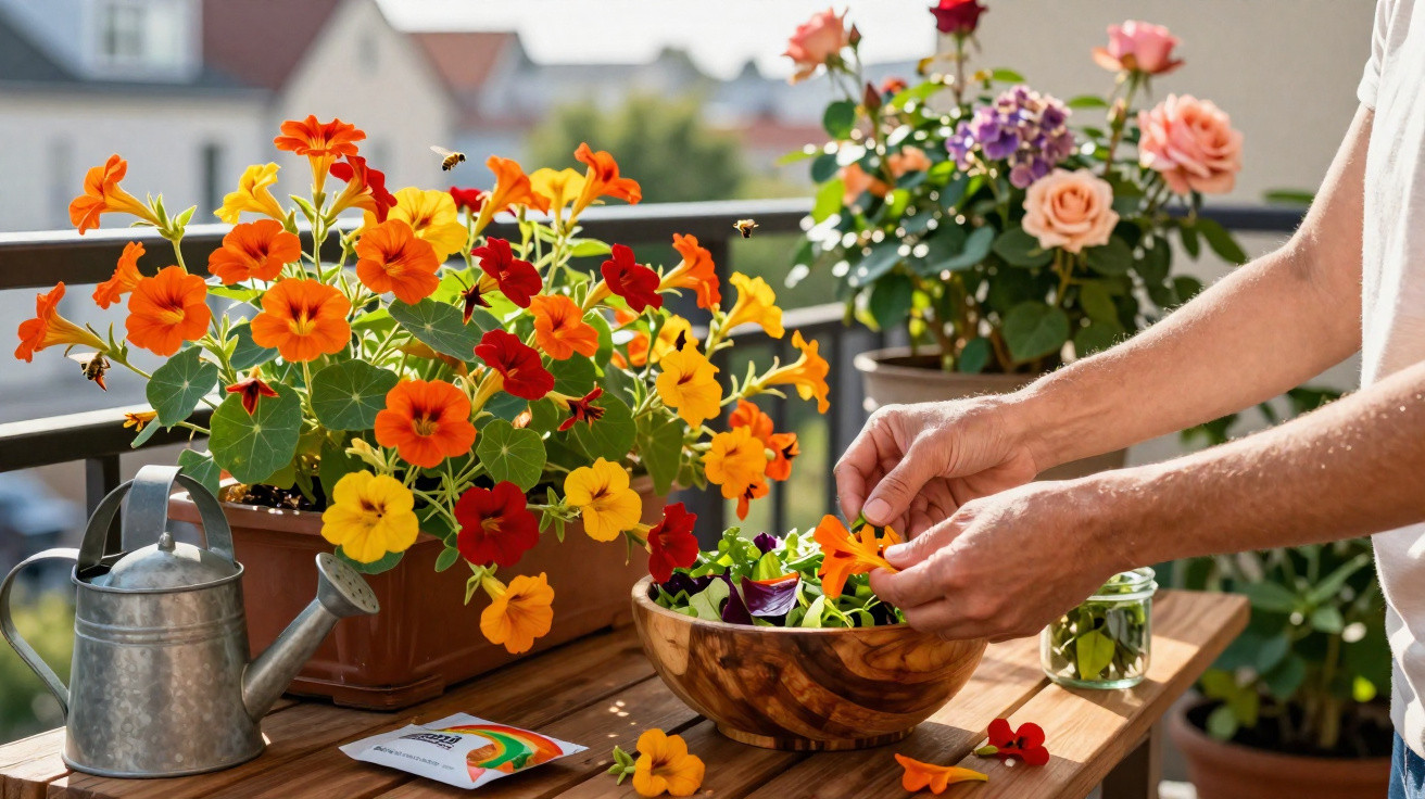 Person pflückt Blüten von bunten Kapuzinerkresseblumen auf Balkon für frischen Salat in Holzschüssel.