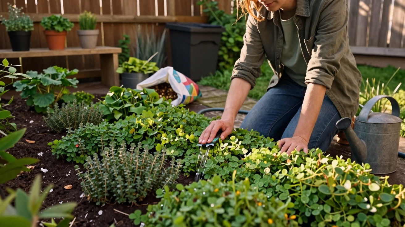 Frau jätet Unkraut in einem sonnigen Garten mit verschiedenen Grünpflanzen und Gießkanne daneben.