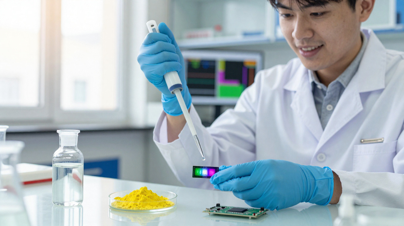 Forscher im Labor mit Handschuhen hält Pipette und untersucht leuchtende Probe auf Elektronikbauteil.