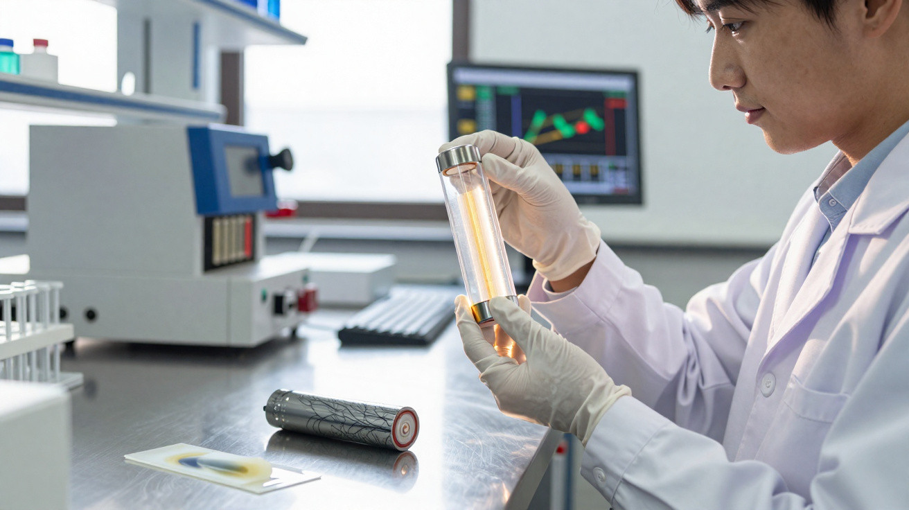Wissenschaftler im Labor untersucht Flüssigkeit in Reagenzglas mit Computerscreens im Hintergrund.
