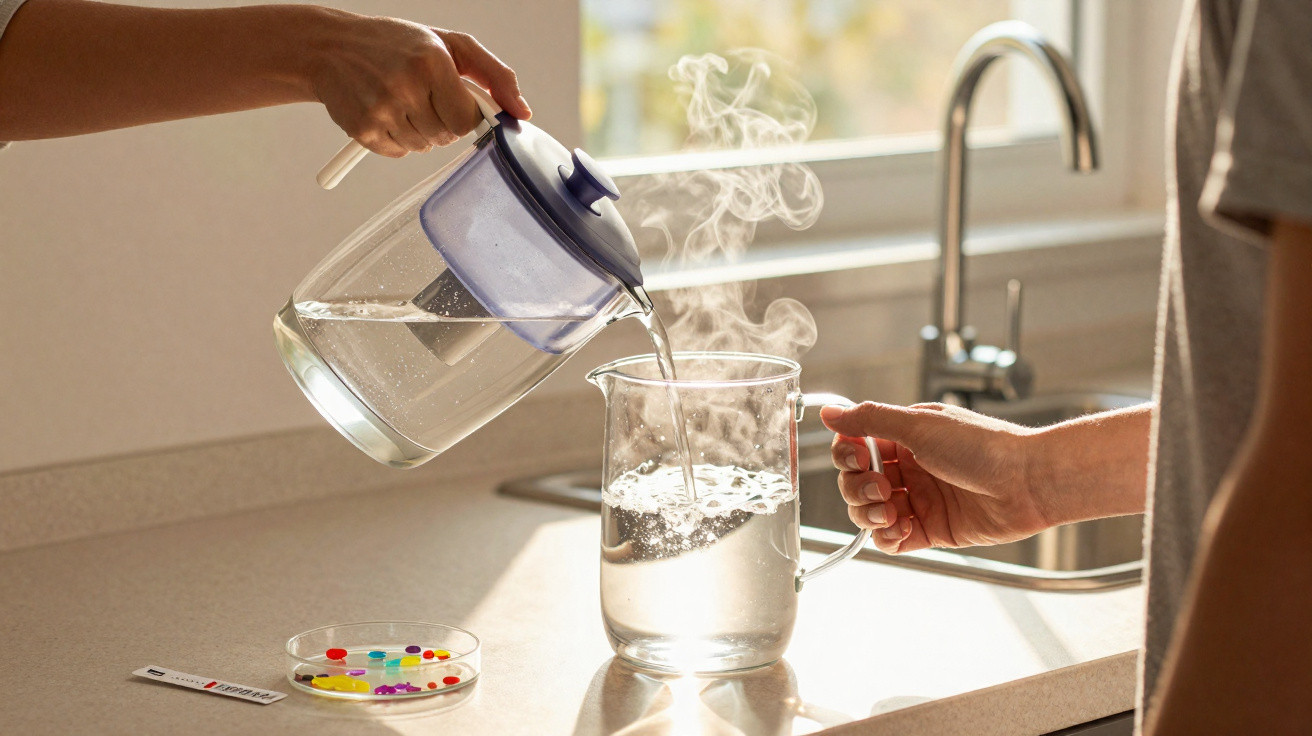 Dampfendes Wasser wird aus einem Wasserkocher in einen großen Glasbecher in einer modernen Küche gegossen.