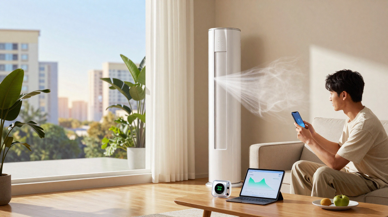 Mann steuert mit Smartphone einen Turmventilator im hellen Wohnzimmer mit Pflanzen und smarten Geräten.
