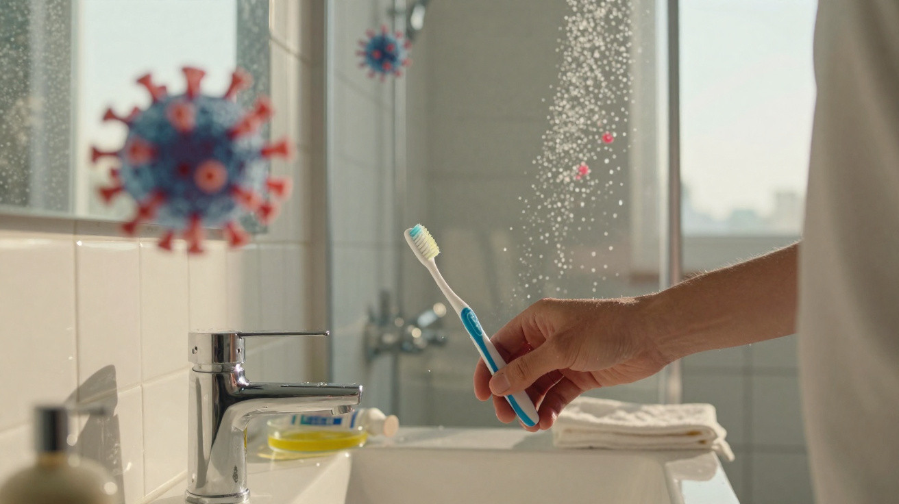 Hand hält Zahnbürste über Waschbecken im Badezimmer, schwebende Coronavirus-Modelle im Vordergrund sichtbar.