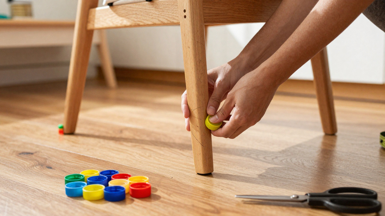 Person befestigt gelbe Filzgleiter an einem Stuhlbein, bunte Deckel und Schere liegen auf dem Holzfußboden.