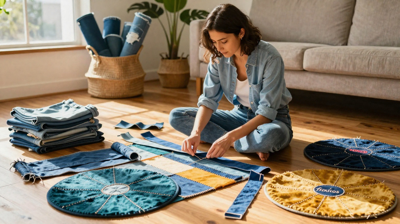 Frau sitzt auf dem Boden und arbeitet an einem Patchwork-Jeansprojekt mit bunten Stoffstücken und Nähen.