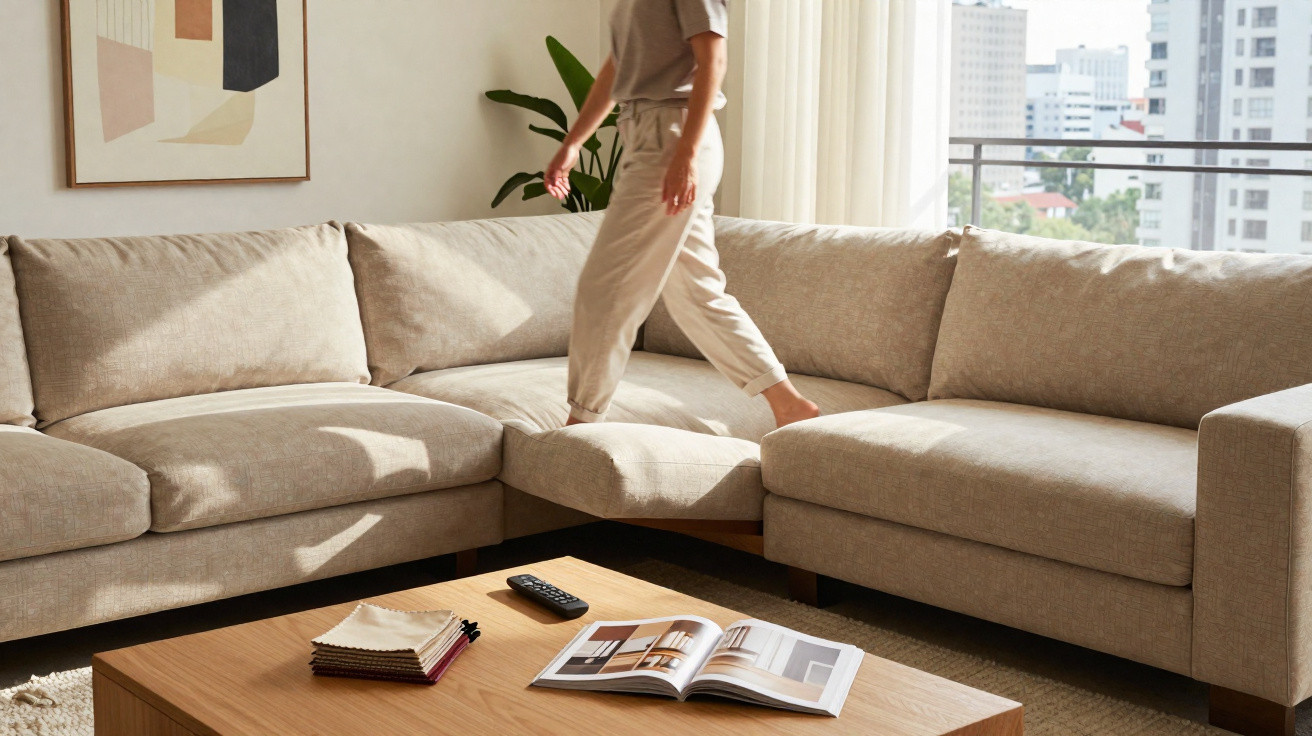 Person geht barfuß auf einem hellbraunen Ecksofa in einem modernen Wohnzimmer mit Holztisch und Fensterfront.