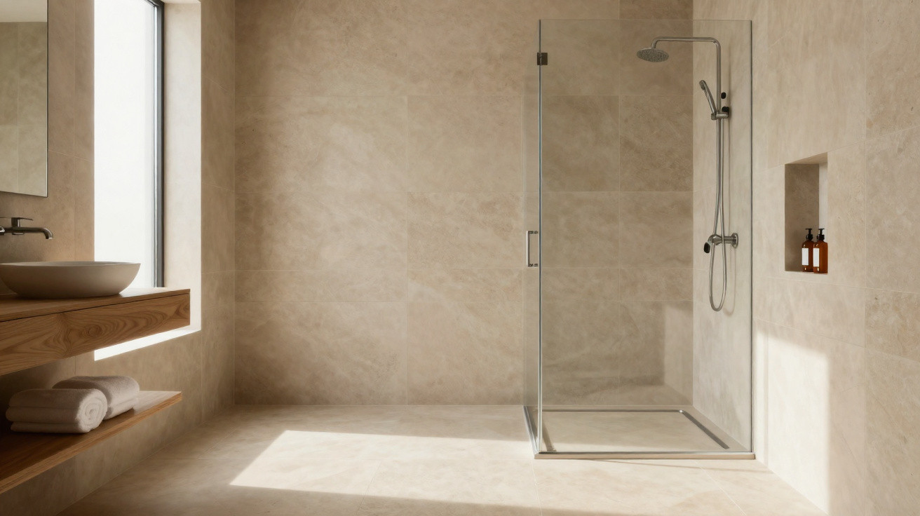 Helles, minimalistisches Badezimmer mit beiger Fliesenwand, Glasdusche und Holzregal mit Handtüchern.