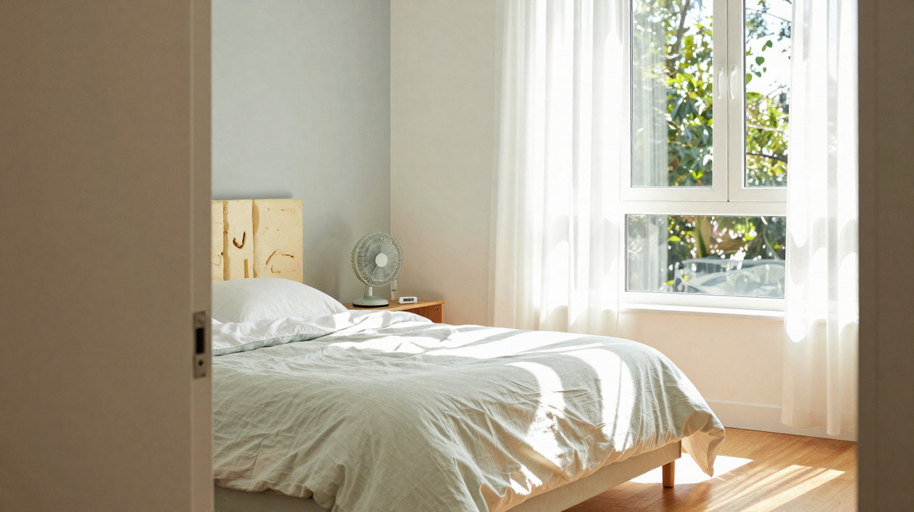 Helles Schlafzimmer mit offenem Fenster, Tageslicht, Bett mit weißen Laken und kleinem Ventilator auf Nachttisch.