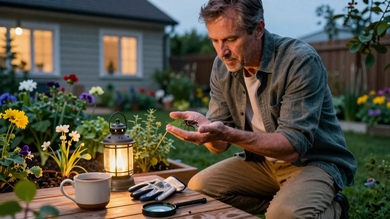 Mann im Garten betrachtet Käfer in der Hand bei Dämmerung mit Laterne, Tasse und Gartenhandschuhen auf Tisch.